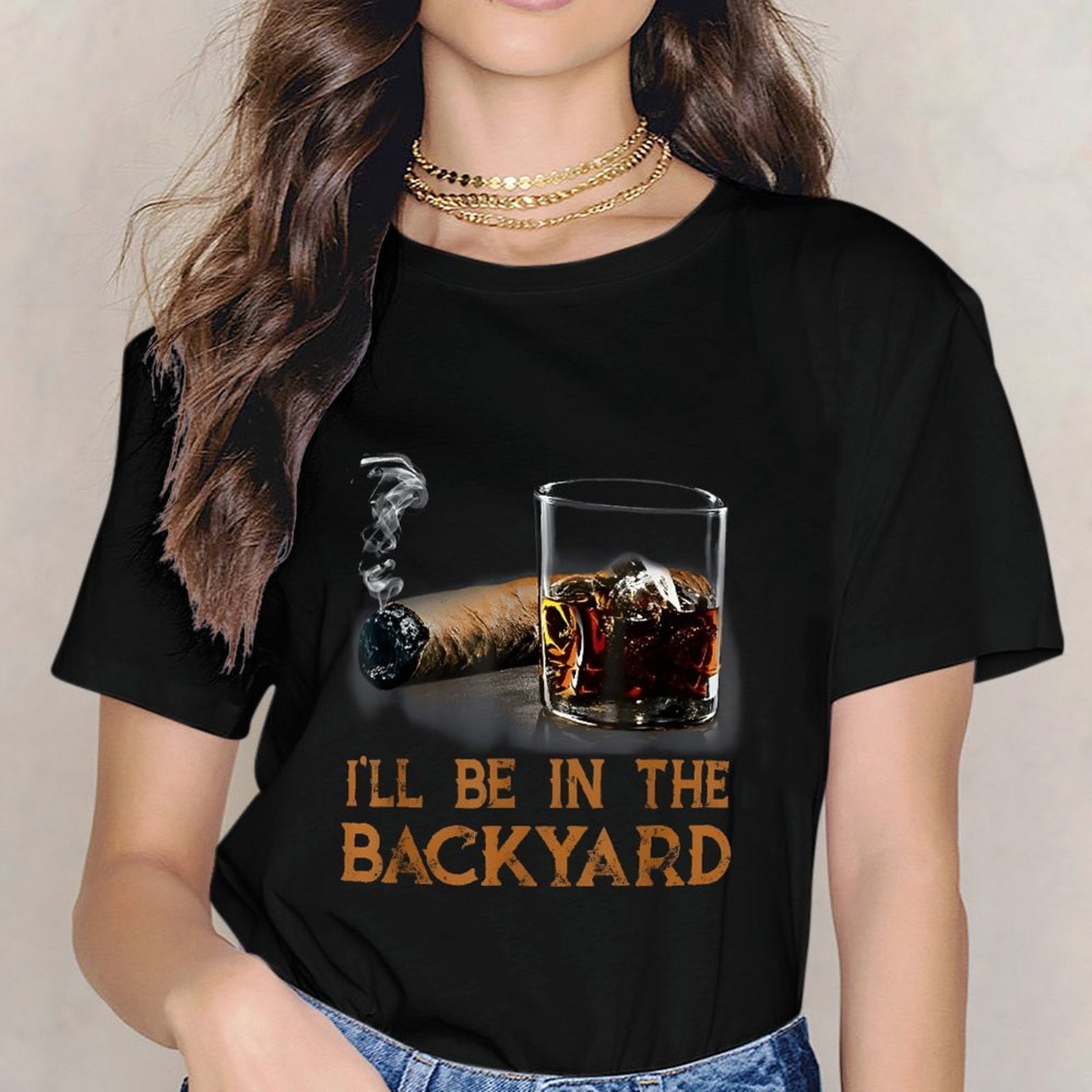 Inkmay Casual  Cotton T-shirt Cigar And Whiskey Glass Displayed Unisex T-shirtDouble-Stitched Colorfast T-Shirt