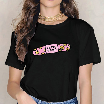 Inkmay Casual Cotton T-shirt Pink Pill With Smiley Faces Pattern Unisex T-shirtMoisture-Wicking LifestyleLine T-Shirt