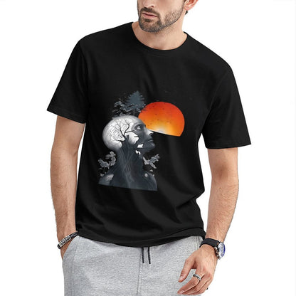 Inkmay Casual  Cotton T-shirt Abstract Human Head With Nature Elements Unisex T-shirtFresh Wrinkle-Free T-Shirt