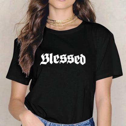 Inkmay Casual Cotton T-shirt Stylish White Gothic Font Design Art Unisex T-shirtPocket Tee CoreLine T-Shirt