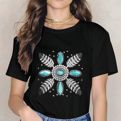 Inkmay Casual Cotton T-shirt Feather And Gemstone Pattern Design Artwork Unisex T-shirt
