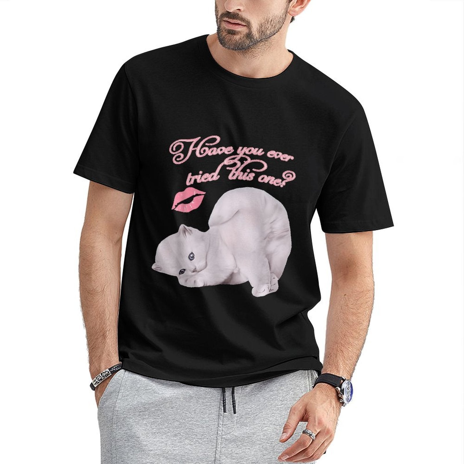 Inkmay Casual Cotton T-shirt Cute Cat With Kiss Mark Unisex T-shirtRelaxed Long Lasting T-Shirt