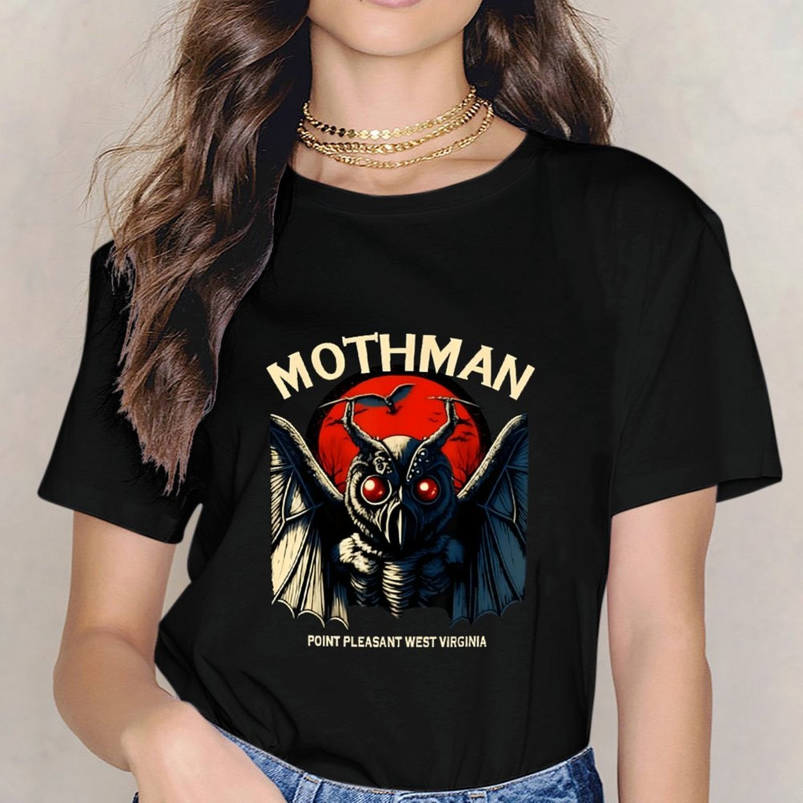 Inkmay Casual  Cotton T-shirt Mothman With Red Eyes And Wings Unisex T-shirtEverydayWear Neat T-Shirt
