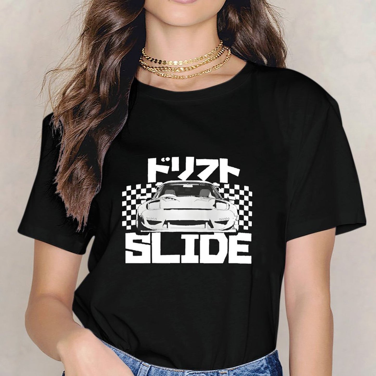 Inkmay Casual  Cotton T-shirt Drift Slide Car On Checkerboard Background Unisex T-shirtDaily ComfortLine T-Shirt