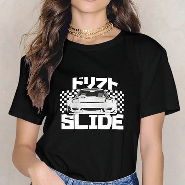 Inkmay Casual  Cotton T-shirt Drift Slide Car On Checkerboard Background Unisex T-shirtDaily ComfortLine T-Shirt