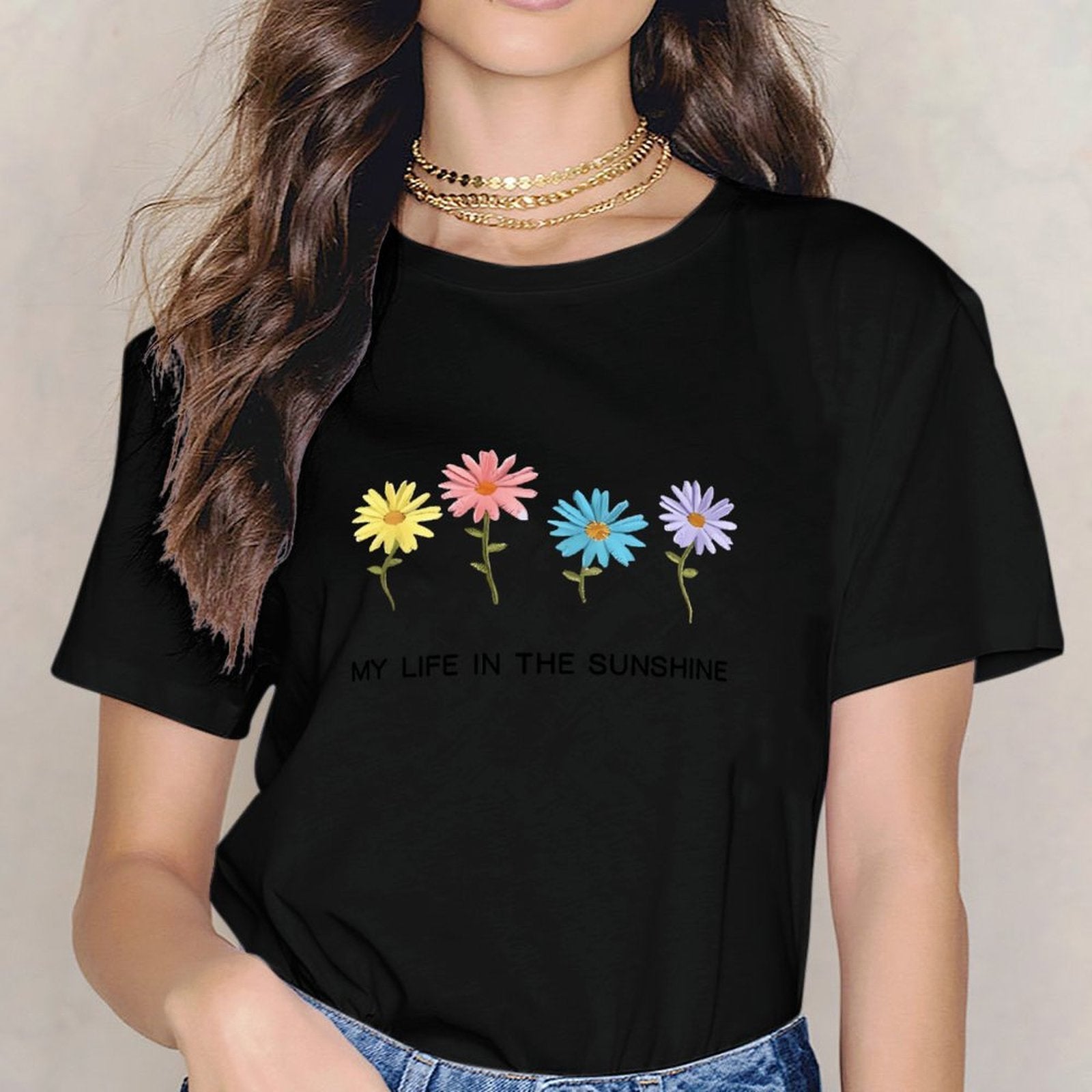 Inkmay Casual Cotton T-shirt Colorful Flowers On White Background Design Unisex T-shirtClassicSeries Tear-Resistant T-Shirt