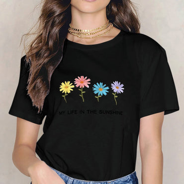 Inkmay Casual Cotton T-shirt Colorful Flowers On White Background Design Unisex T-shirtClassicSeries Tear-Resistant T-Shirt