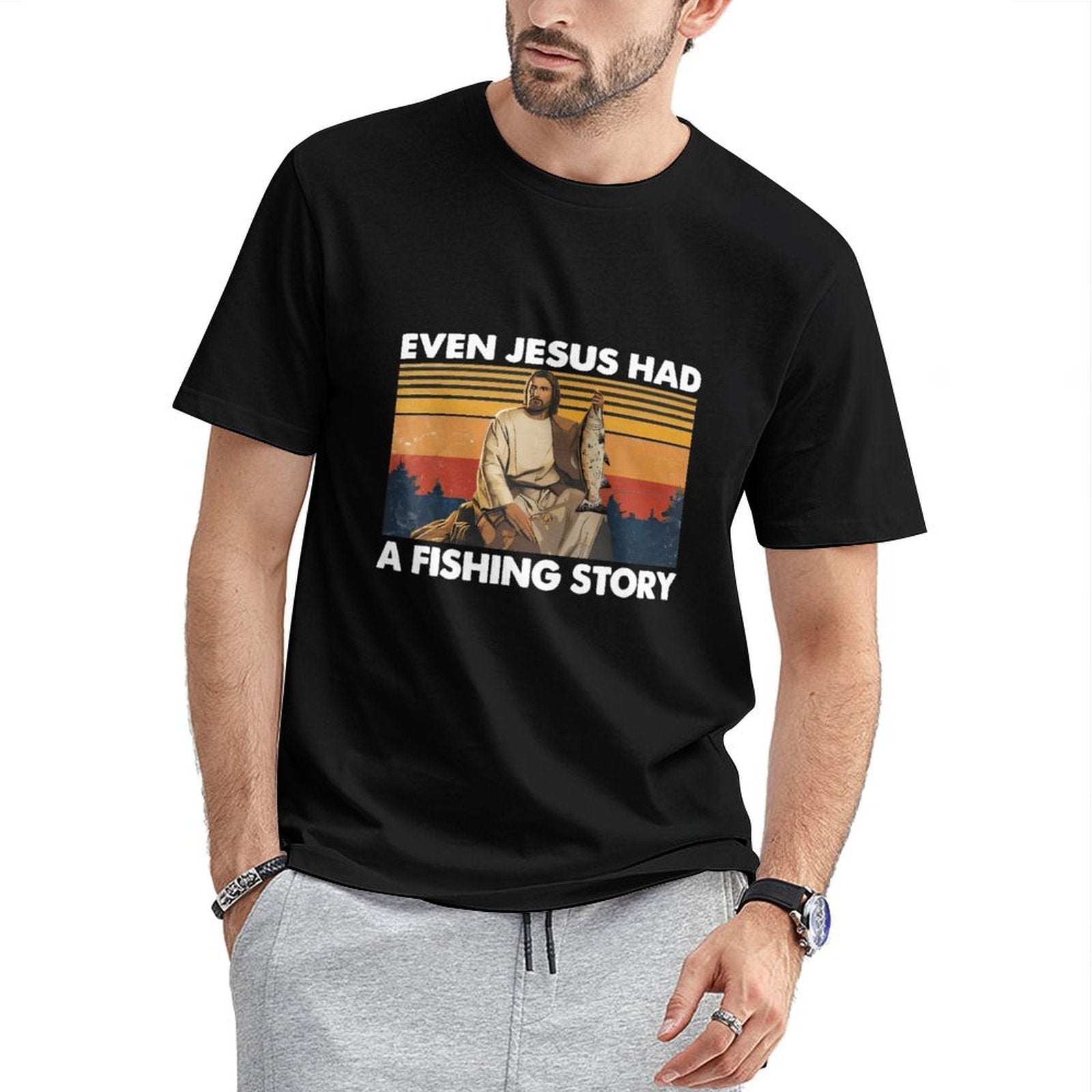 Inkmay Casual  Cotton T-shirt Jesus Holding Fish Over Sunset Background Unisex T-shirtSoft-Touch Simple T-Shirt