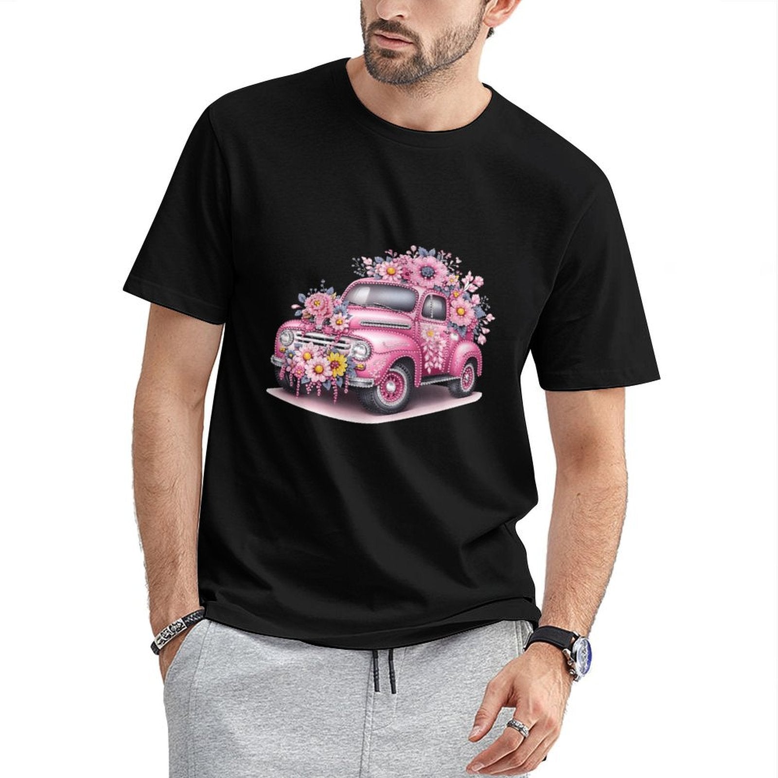 Inkmay Casual Cotton T-shirt Floral Decorated Pink Car Artwork Unisex T-shirtComfort Crisp Print T-Shirt