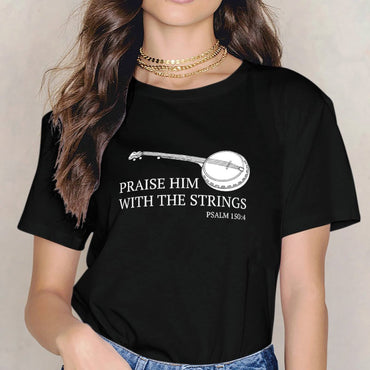 Inkmay Casual  Cotton T-shirt Banjo With Musical Notes Pattern Unisex T-shirtLightweight Basic T-Shirt