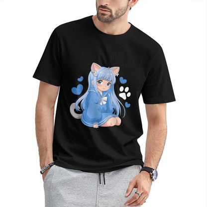 Inkmay Casual Cotton T-shirt Blue Cat Girl With Hearts Unisex T-shirtEdition EverydaySeries T-Shirt