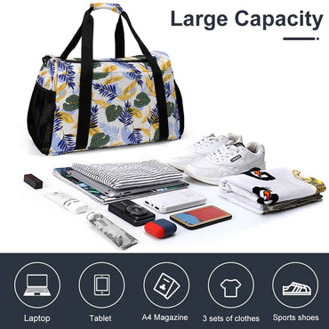 Tropical Leaf Print Duffel Bag Blue & White Travel Luggage for Vacation Beach Trip