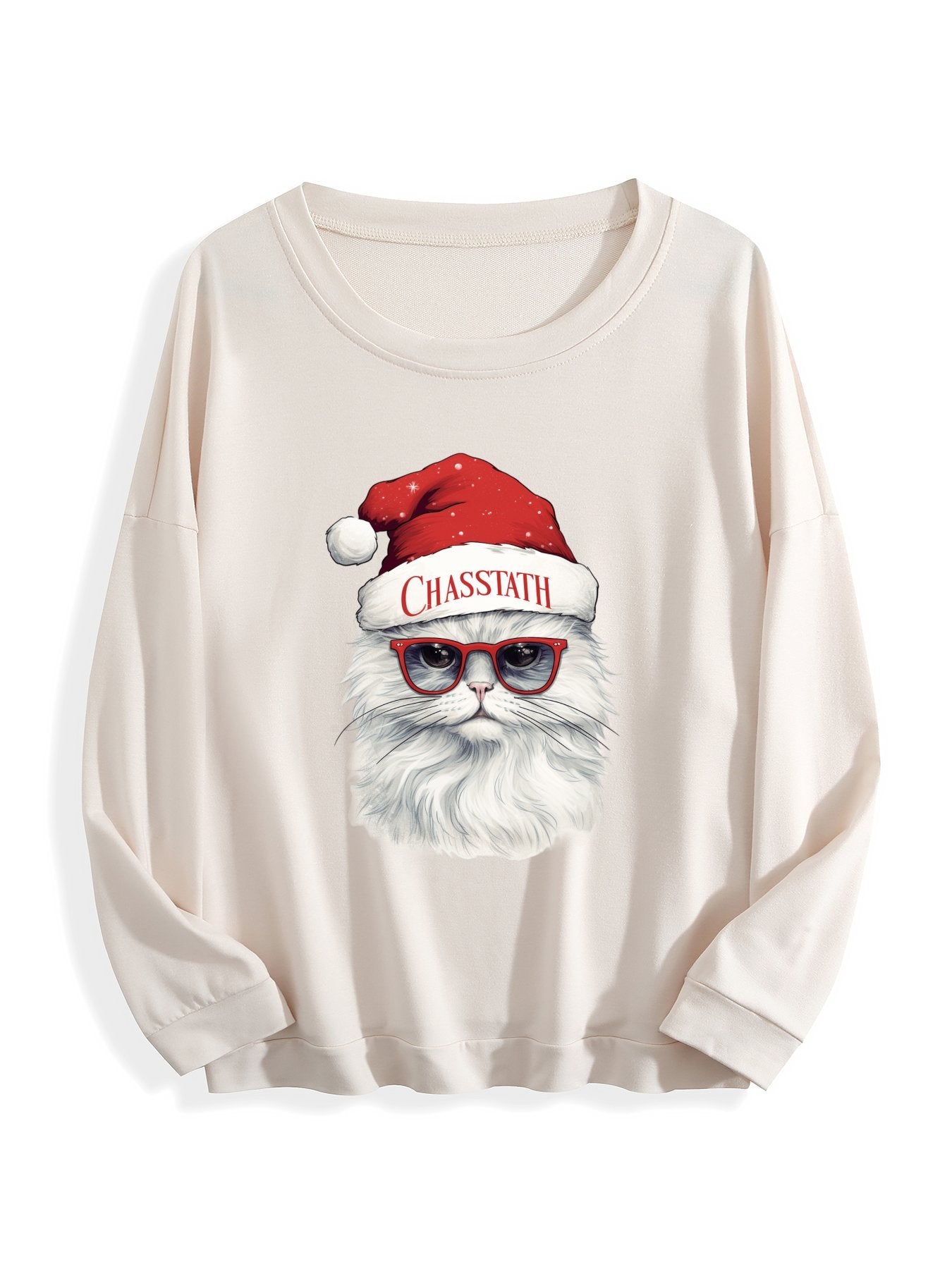 Customizable Christmas-themed long-sleeved shirt, paired with cat-themed glasses.