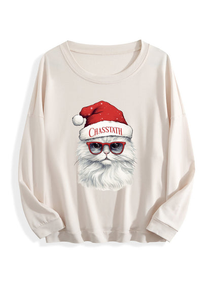 Customizable Christmas-themed long-sleeved shirt, paired with cat-themed glasses.