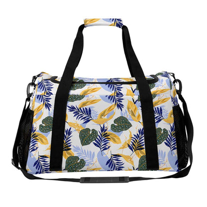 Tropical Leaf Print Duffel Bag Blue & White Travel Luggage for Vacation Beach Trip