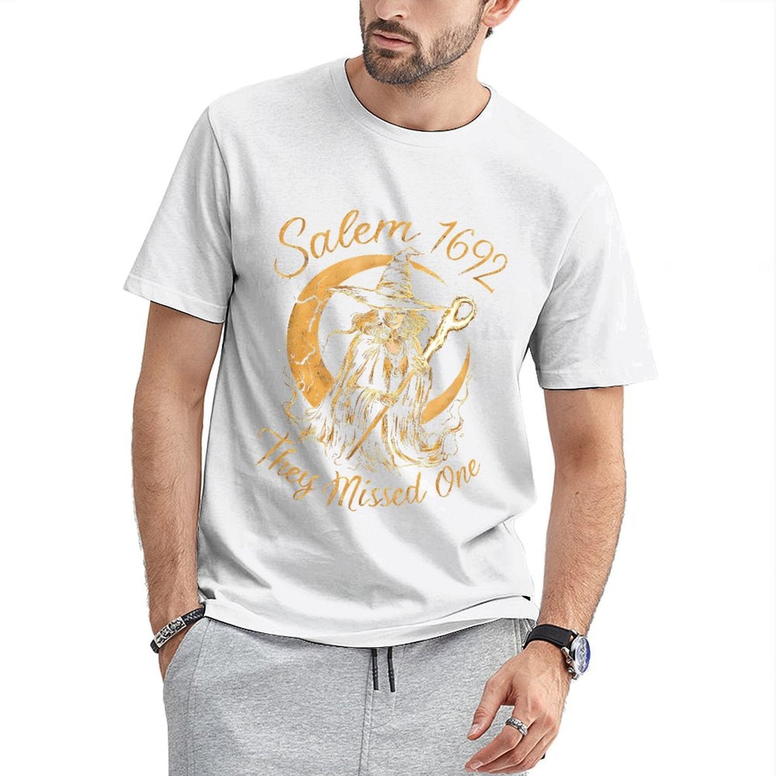 Inkmay Casual Cotton T-shirt Witch Holding Staff Against Crescent Moon Unisex T-shirtEasy-Care Recycled T-Shirt