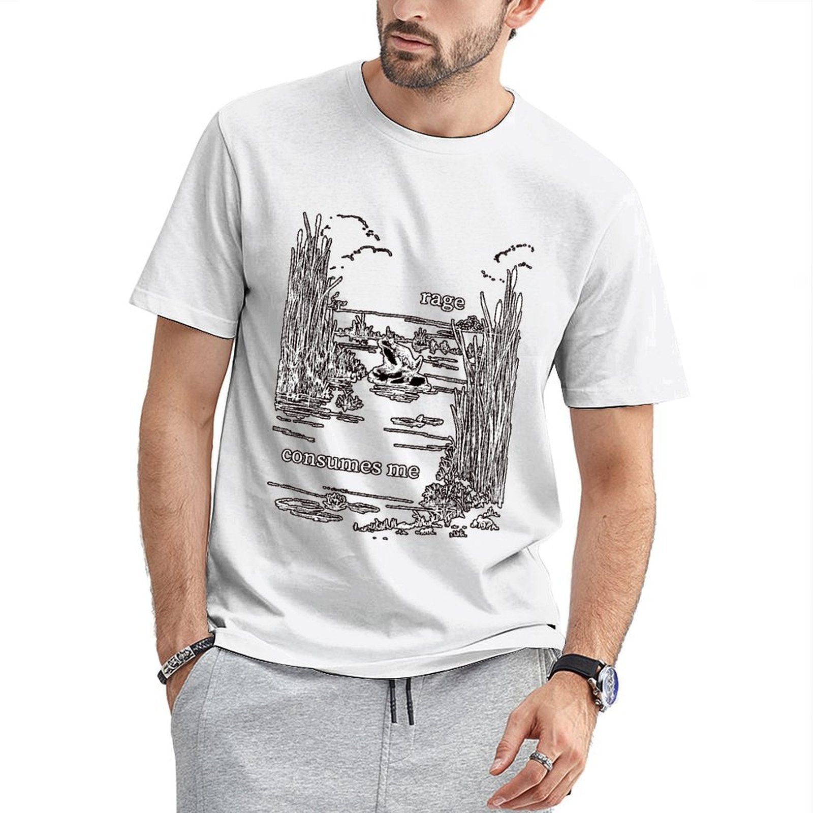Inkmay Casual Cotton T-shirt Angry Frog Amidst Reeds And Water Unisex T-shirtClassicLine Crew Neck T-Shirt