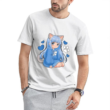 Inkmay Casual Cotton T-shirt Blue Cat Girl With Hearts Unisex T-shirtEdition EverydaySeries T-Shirt