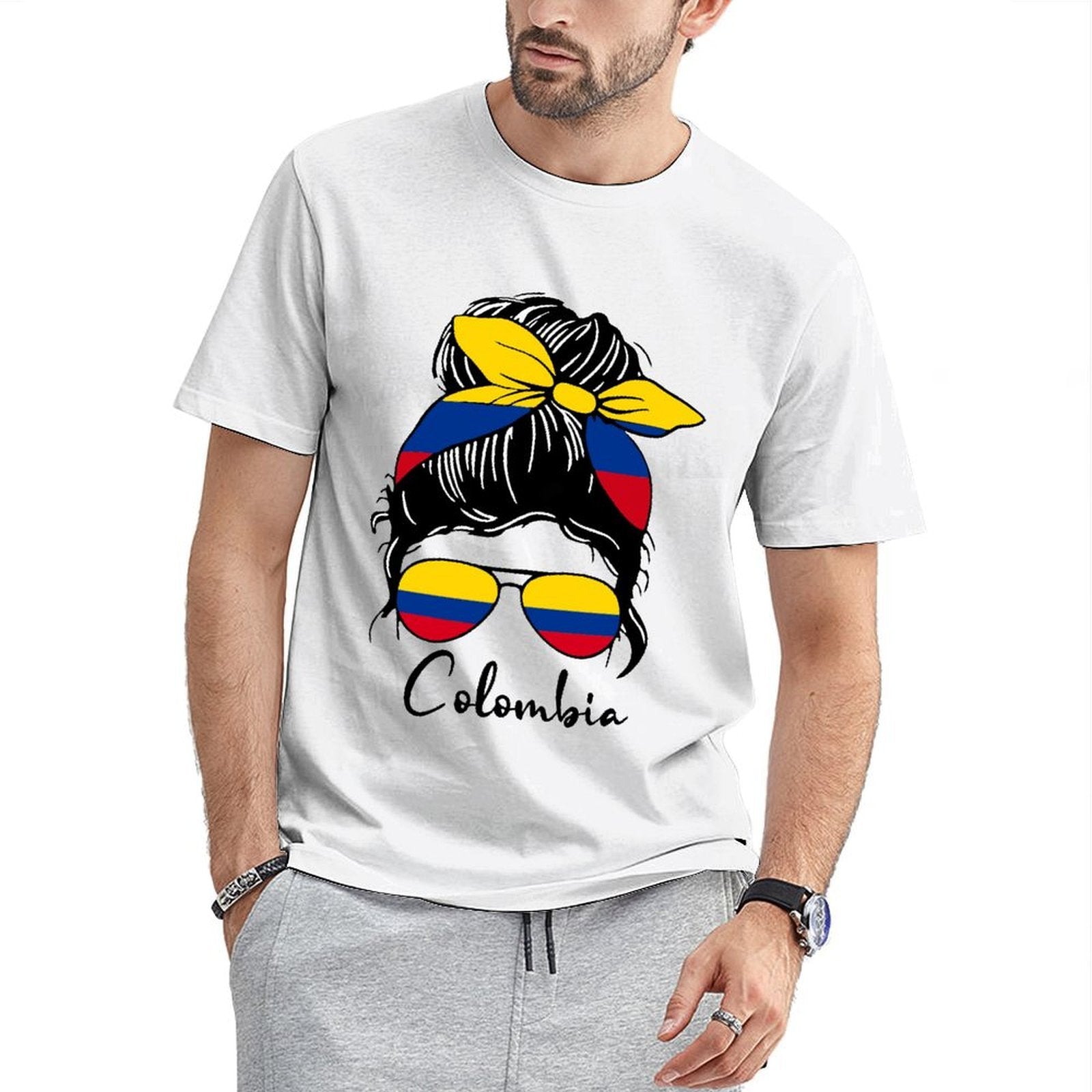 Inkmay Casual Cotton T-shirt Colombian Flag Pattern On Sunglasses Bandana Unisex T-shirtYearRound Performance T-Shirt