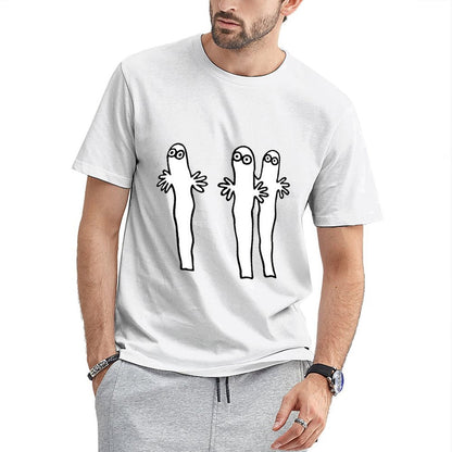 Inkmay Casual Cotton T-shirt Three Cartoon Characters With Hands Raised Unisex T-shirtSleek Outdoor T-Shirt