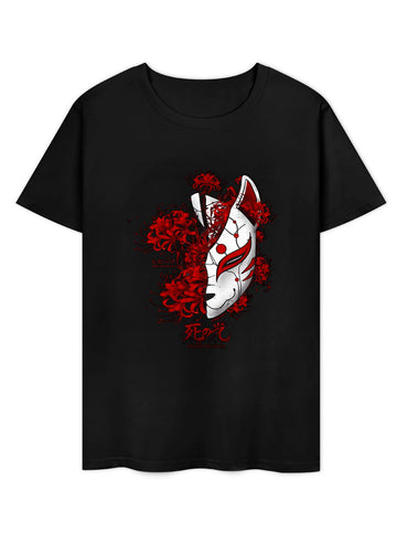 Inkmay Casual Cotton T-shirt Fox Mask With Red Flowers Art Unisex T-shirtVintage TrueStyle T-Shirt