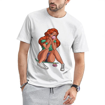 Inkmay Casual  Cotton T-shirt Girl Sitting On Skateboard Blowing Bubble Unisex T-shirtSmooth Feel Modern T-Shirt
