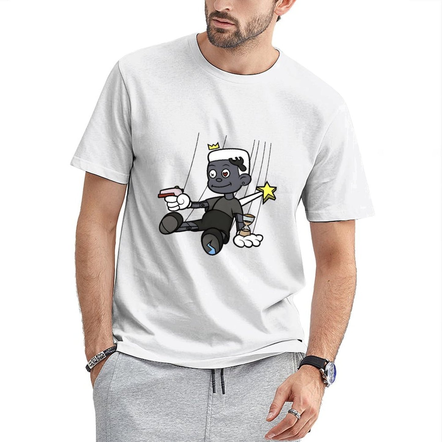Inkmay Casual Cotton T-shirt Cartoon Puppet Holding Gun And Star Unisex T-shirt