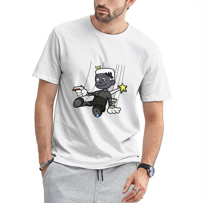 Inkmay Casual Cotton T-shirt Cartoon Puppet Holding Gun And Star Unisex T-shirt
