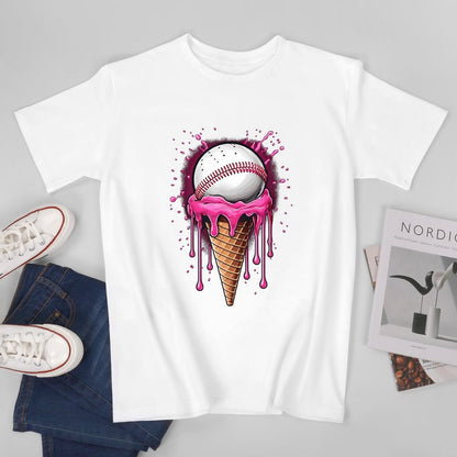 Inkmay Casual  Cotton T-shirt Baseball On Ice Cream Cone Art Unisex T-shirtLogo-Ready Vibrant Colors T-Shirt