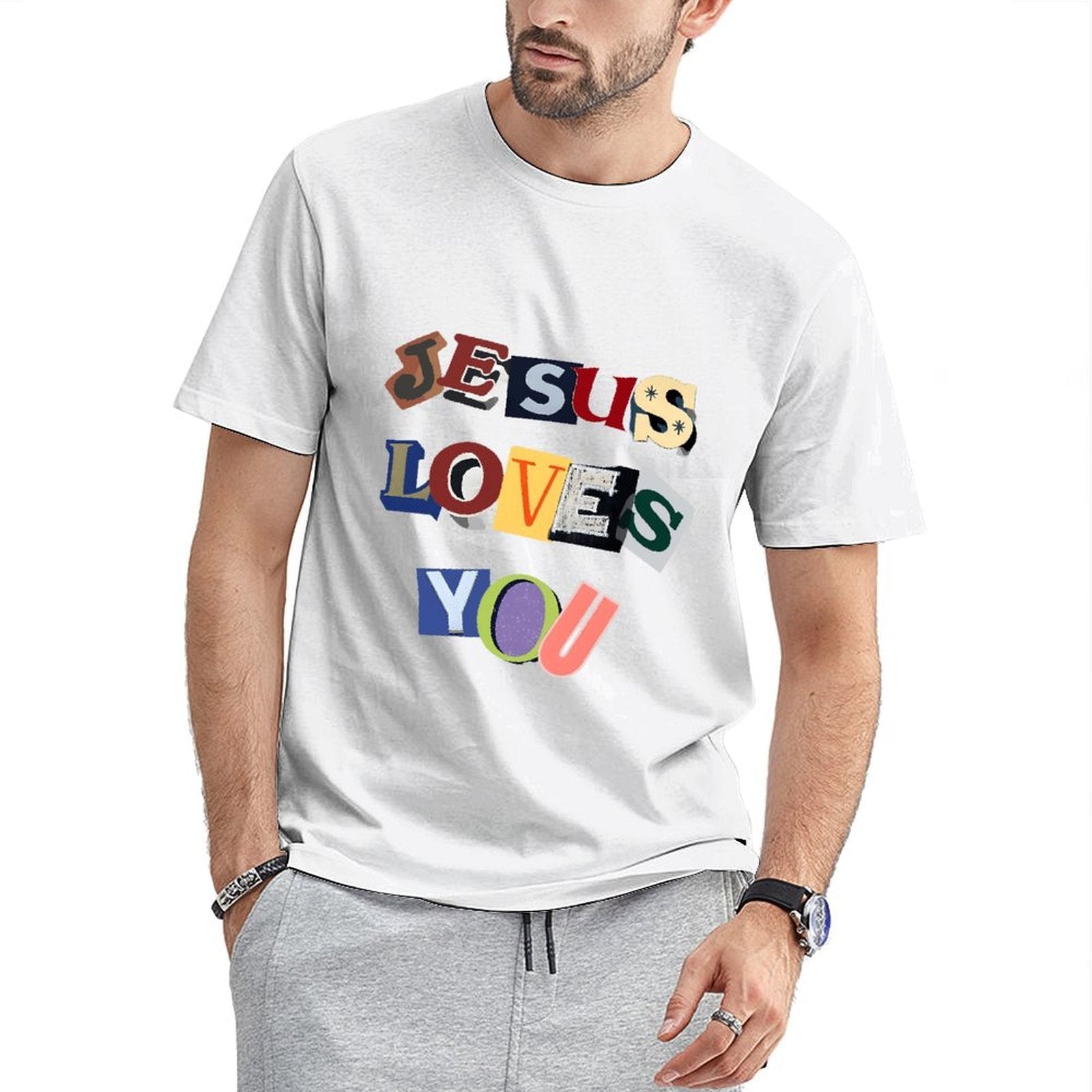 Inkmay Casual Cotton T-shirt Jesus Loves You Colorful Text Art Unisex T-shirtTrueComfort Crisp Print T-Shirt