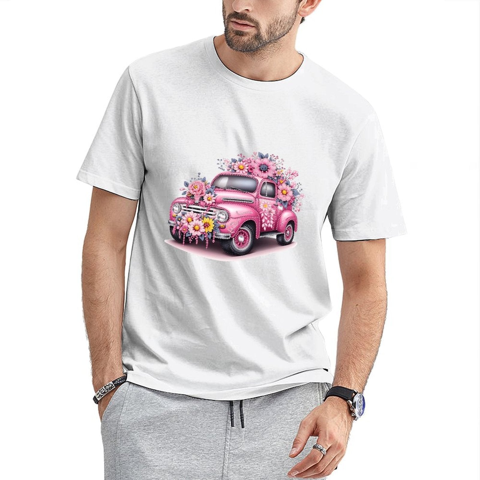 Inkmay Casual Cotton T-shirt Floral Decorated Pink Car Artwork Unisex T-shirtComfort Crisp Print T-Shirt
