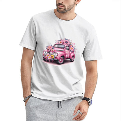 Inkmay Casual Cotton T-shirt Floral Decorated Pink Car Artwork Unisex T-shirtComfort Crisp Print T-Shirt
