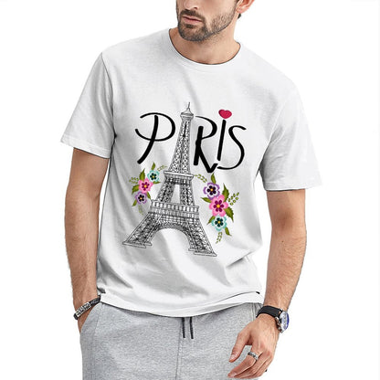 Inkmay Casual Cotton T-shirt Paris Eiffel Tower Floral Design Artwork Unisex T-shirtDailyFit Crisp Print T-Shirt