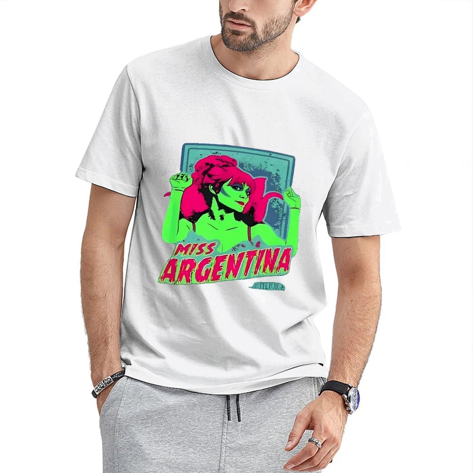 Inkmay Casual Cotton T-shirt Miss Argentina Bright Green Pink Art Unisex T-shirtEssentialFit Printing T-Shirt