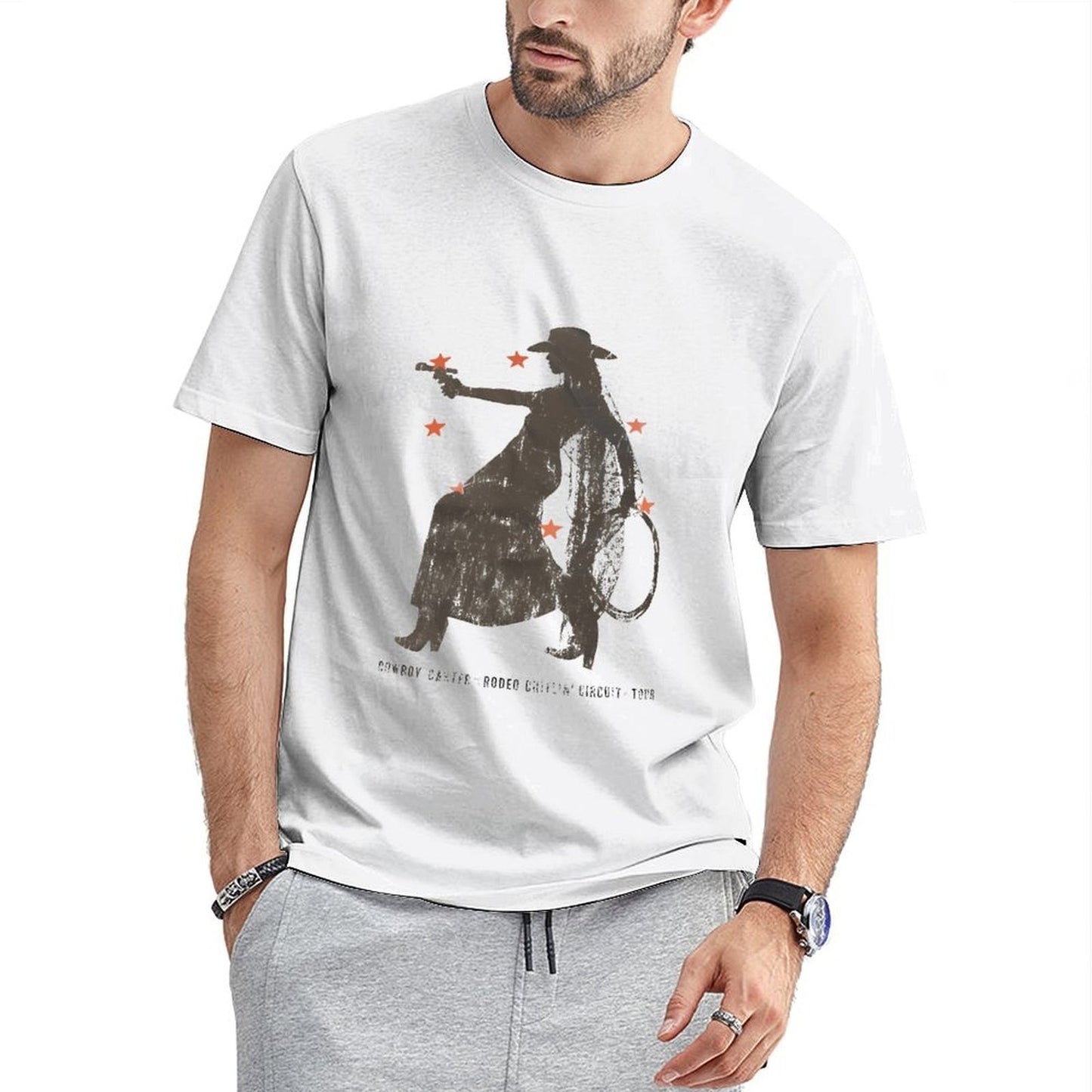 Inkmay Casual Cotton T-shirt Cowboy Silhouette With Orange Floral Accents Unisex T-shirtHeavyweight Fitted T-Shirt