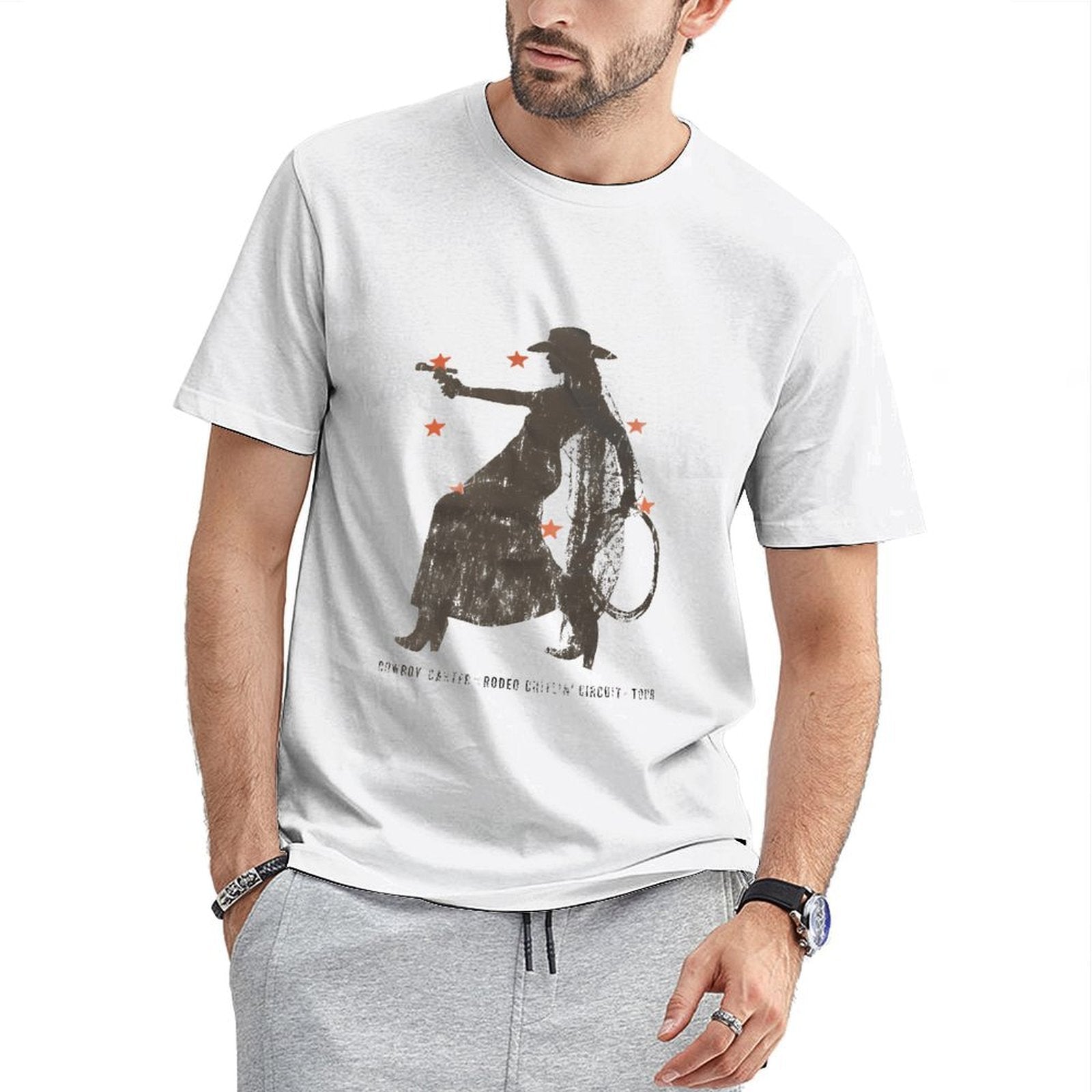 Inkmay Casual Cotton T-shirt Cowboy Silhouette With Orange Floral Accents Unisex T-shirtHeavyweight Fitted T-Shirt