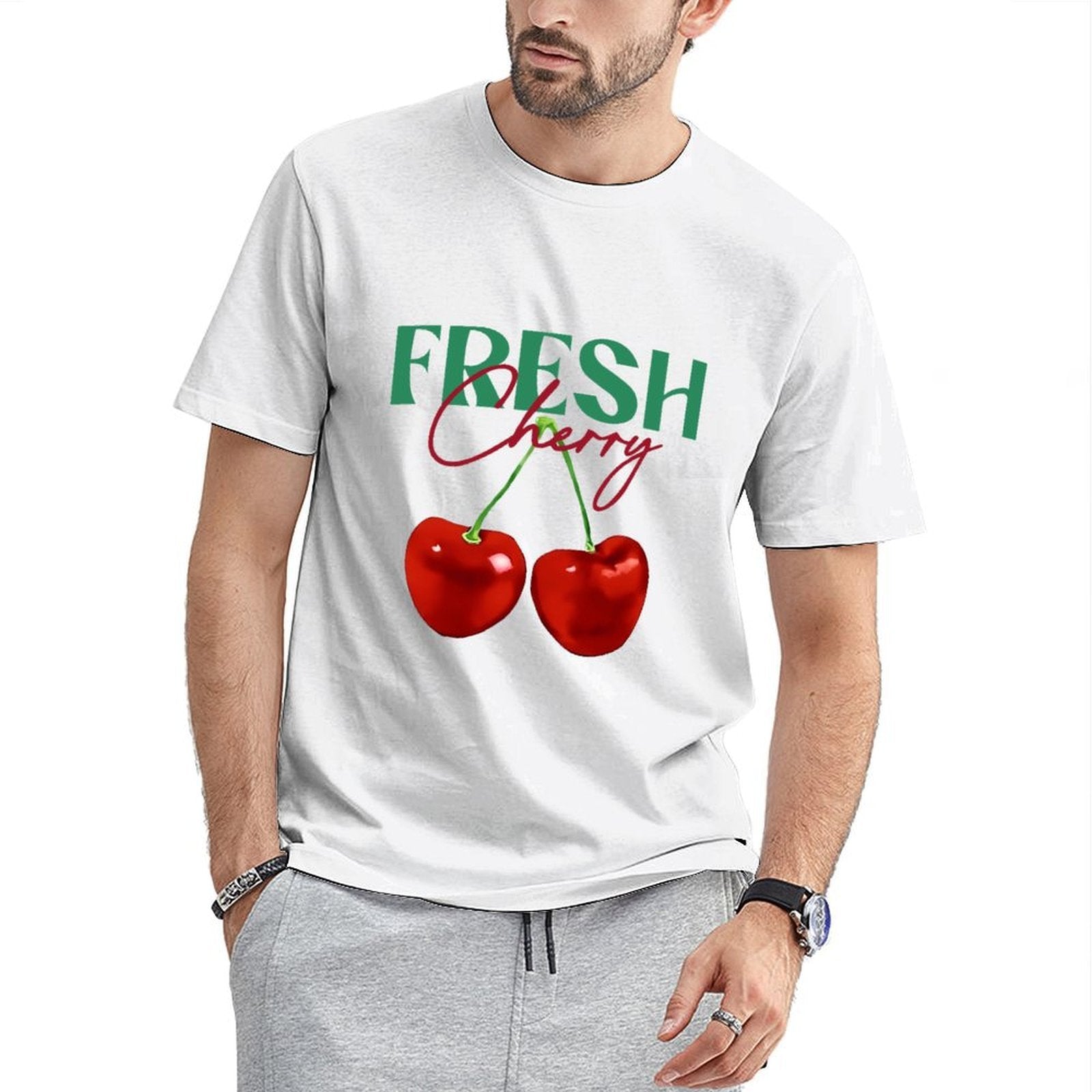 Inkmay Casual Cotton T-shirt Cherry Pattern Prints Fresh And Vibrant Unisex T-shirtBasic Plain T-Shirt