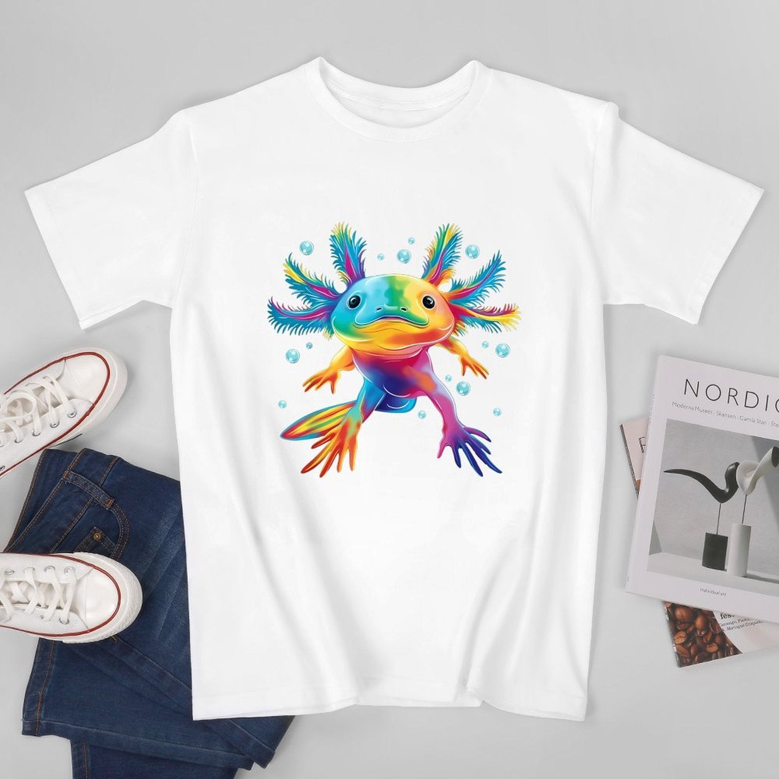 Inkmay Casual  Cotton T-shirt Colorful Axolotl With Vibrant Feathers Unisex T-shirtReliable Heavyweight T-Shirt