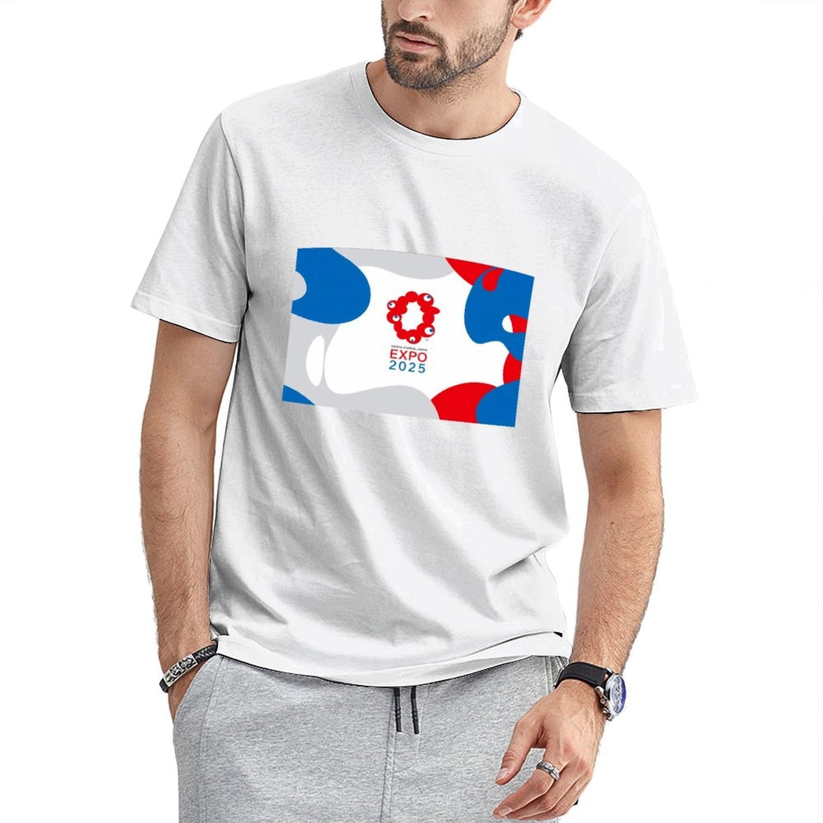 Inkmay Casual Cotton T-shirt Abstract Design With Red Blue Shapes Unisex T-shirtColorfast Heavyweight T-Shirt