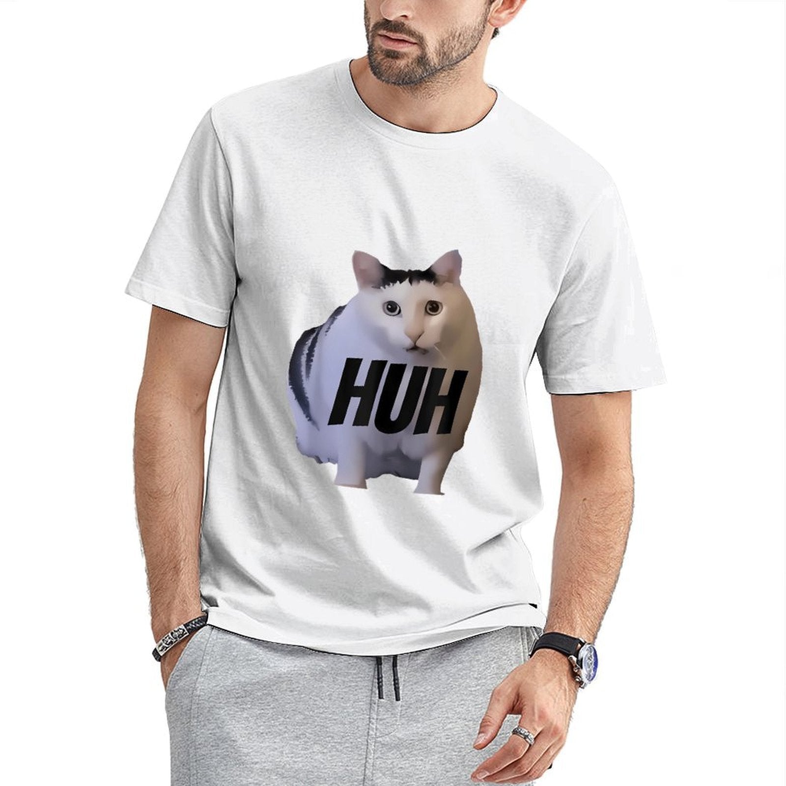 Inkmay Casual Cotton T-shirt Cat With Text Huh Overlaid Unisex T-shirtClassic Fit Original T-Shirt