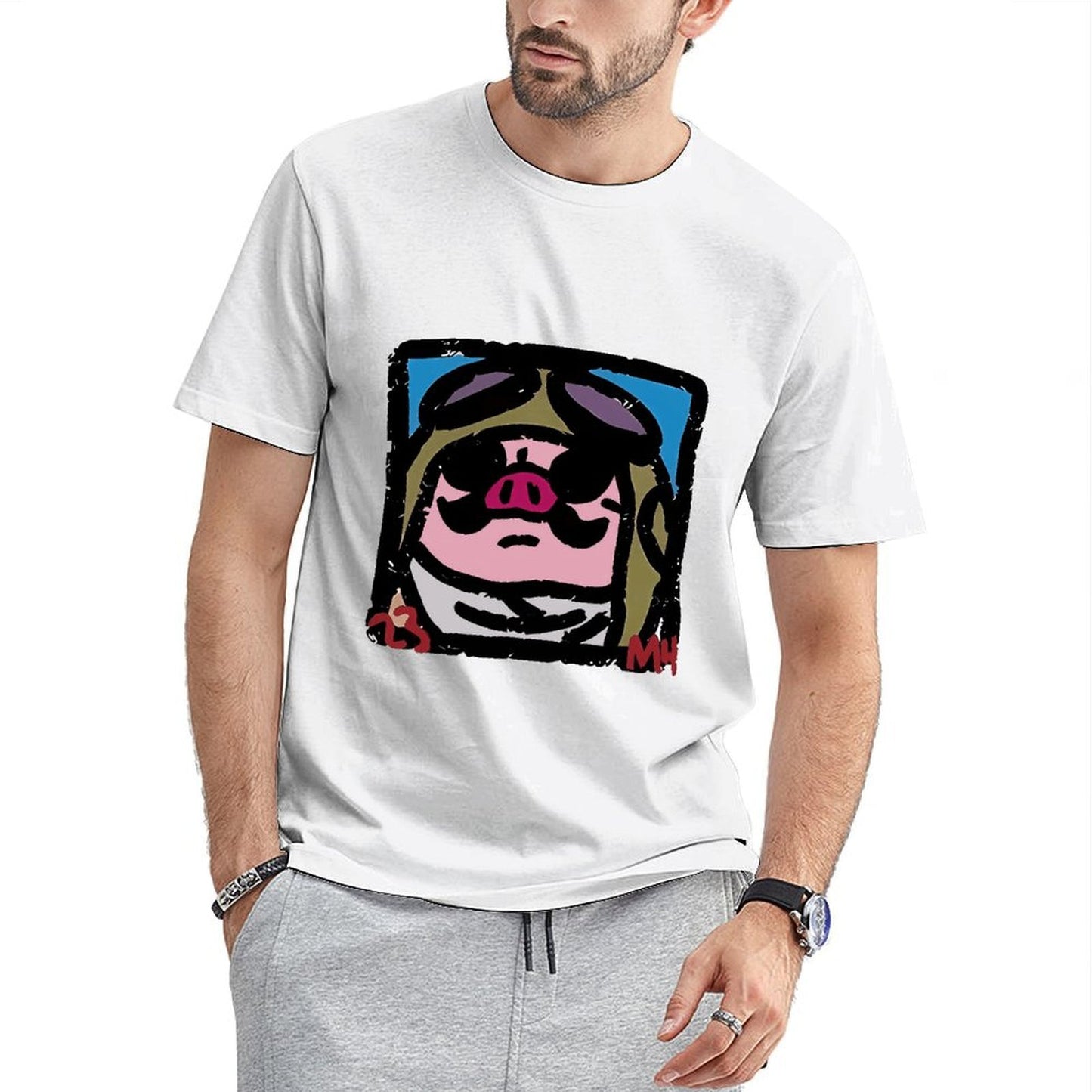 Inkmay Casual Cotton T-shirt Cartoon Pig Wearing Sunglasses And Hat Unisex T-shirt