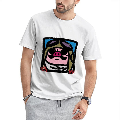 Inkmay Casual Cotton T-shirt Cartoon Pig Wearing Sunglasses And Hat Unisex T-shirt