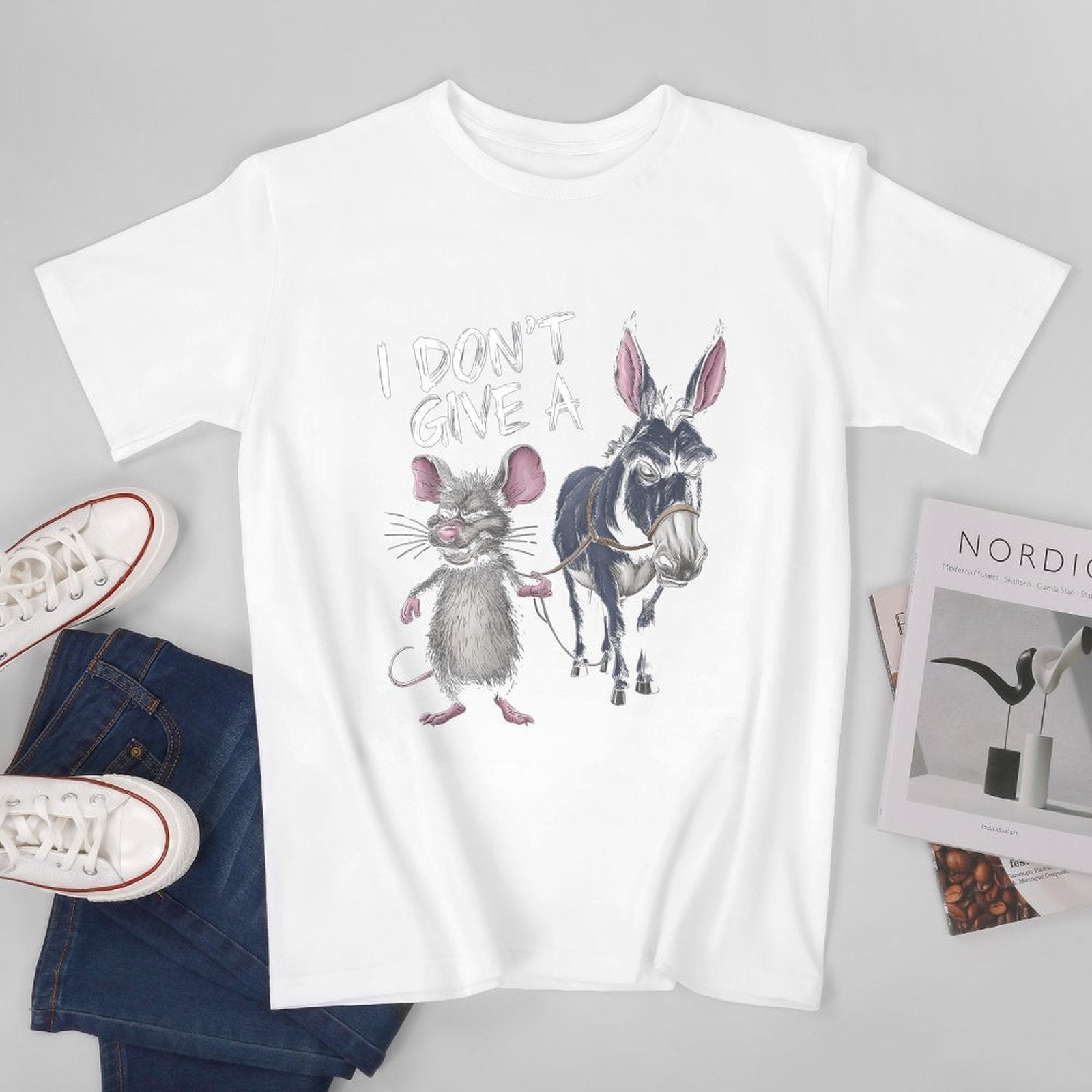 Inkmay Casual  Cotton T-shirt Rat And Donkey With Rope Unisex T-shirtMidweight Signature T-Shirt