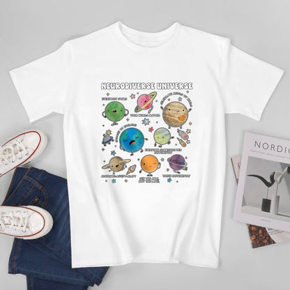 Inkmay Casual  Cotton T-shirt Neurodiverse Universe Planets With Friendly Faces Unisex T-shirtMinimal ComfortLine T-Shirt