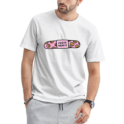 Inkmay Casual Cotton T-shirt Pink Pill With Smiley Faces Pattern Unisex T-shirtMoisture-Wicking LifestyleLine T-Shirt