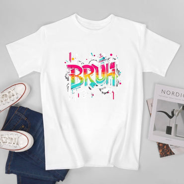 Inkmay Casual  Cotton T-shirt Colorful Graffiti Style Bruh Text Art Unisex T-shirtPrint-Ready Relaxed T-Shirt