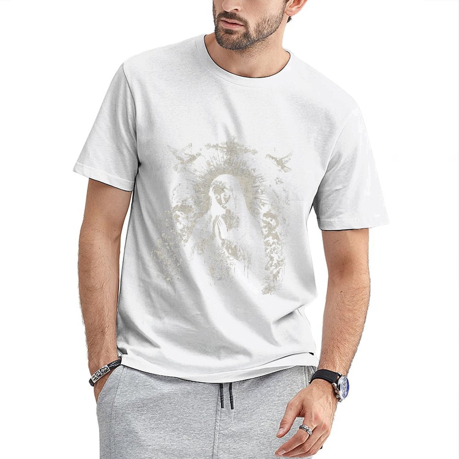 Inkmay Casual Cotton T-shirt Religious Art With Angels And Cross Unisex T-shirtNeutral Solid T-Shirt