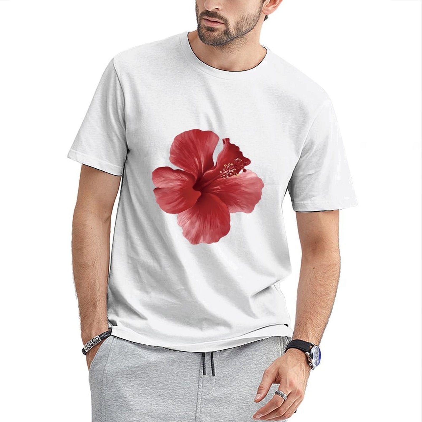 Inkmay Casual Cotton T-shirt Vivid Red Hibiscus Flower Art Print Unisex T-shirtPremium Finish Smooth Feel T-Shirt