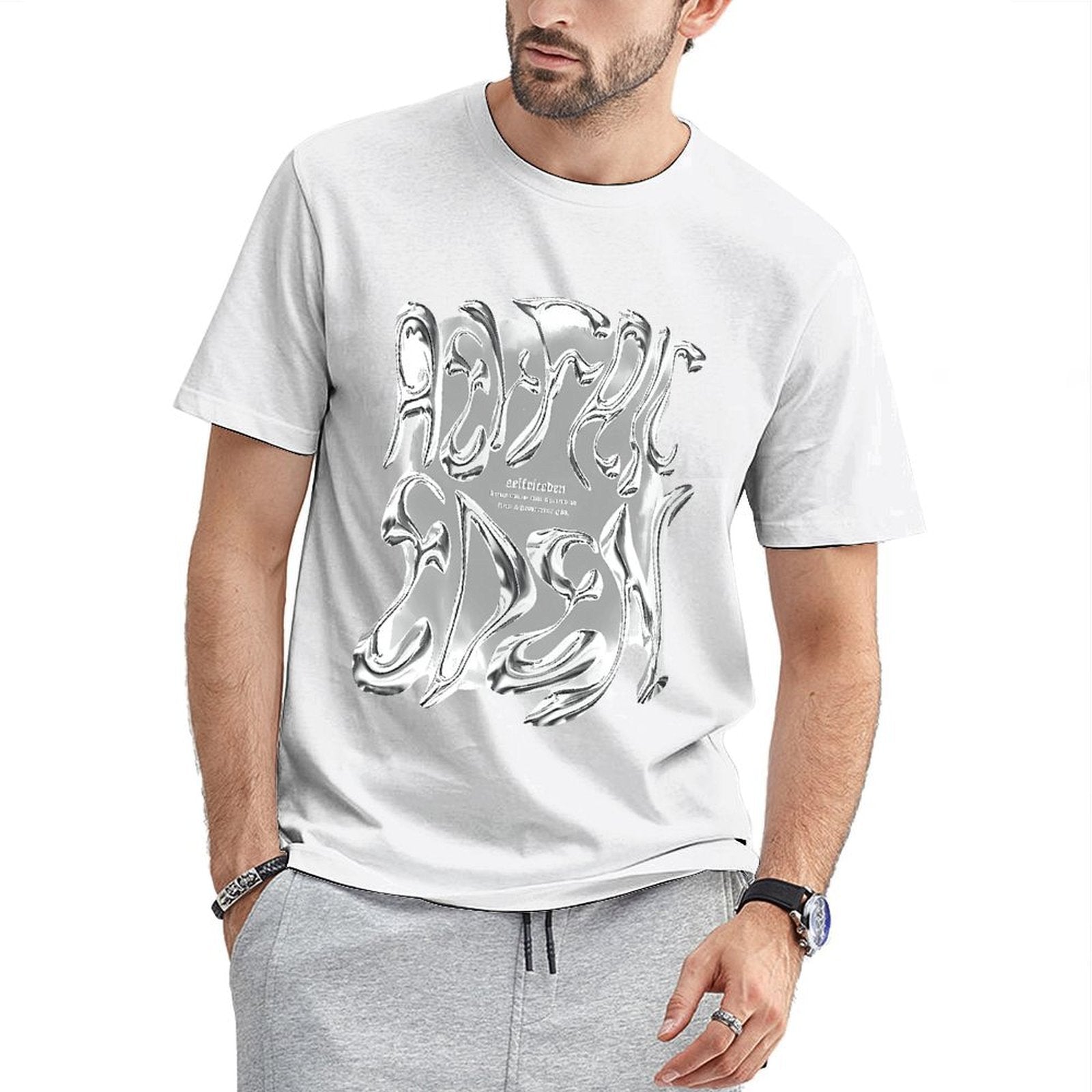 Inkmay Casual Cotton T-shirt Abstract Silver Flame Design Artwork Print Unisex T-shirtStreetStyle Batch-Printed T-Shirt