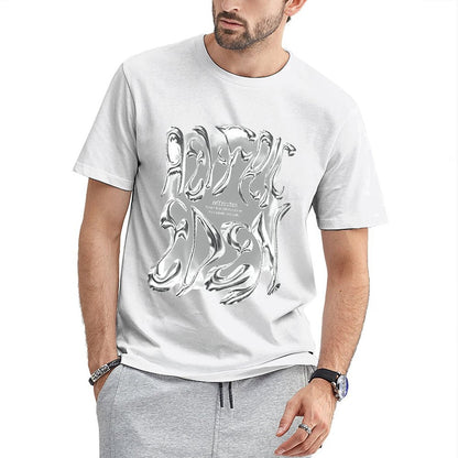 Inkmay Casual Cotton T-shirt Abstract Silver Flame Design Artwork Print Unisex T-shirtStreetStyle Batch-Printed T-Shirt